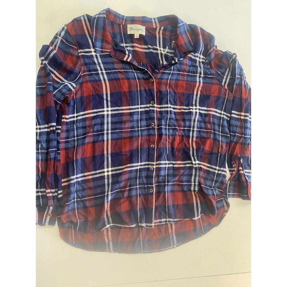 Wrangler Shirt Women Red White Blue Plaid Long Roll Sleeve XL Country Christmas